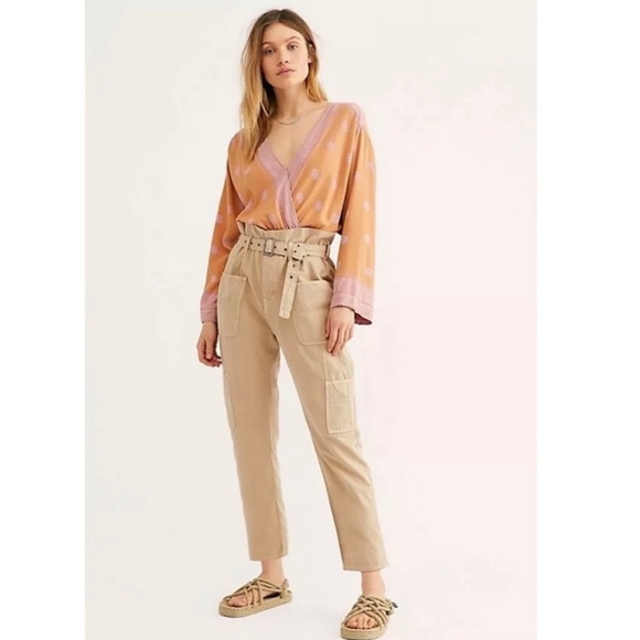 Free People Percy High Rise Paperbag Tapered Cargo Pant Boho 90s Street Khaki 6 - Picture 1 of 11